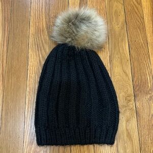 Hat Attack Black Beanie with Faux Fur Pom NWT
